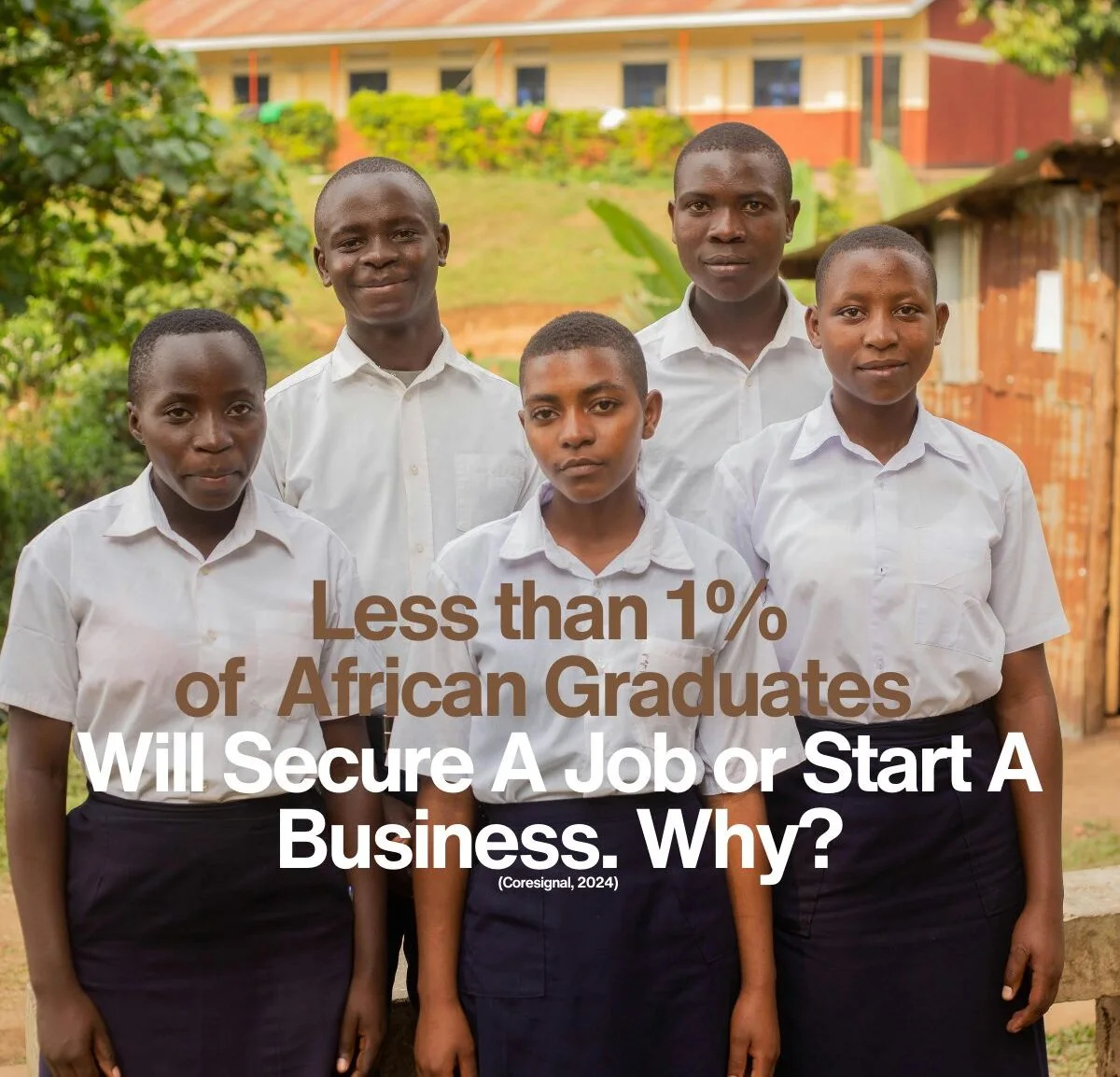 Five young African graduates in school uniform stand together outside a school building. Text over the photo reads: Less than 1% of African graduates will secure a job or start a business. Why? (Coresignal, 2024)